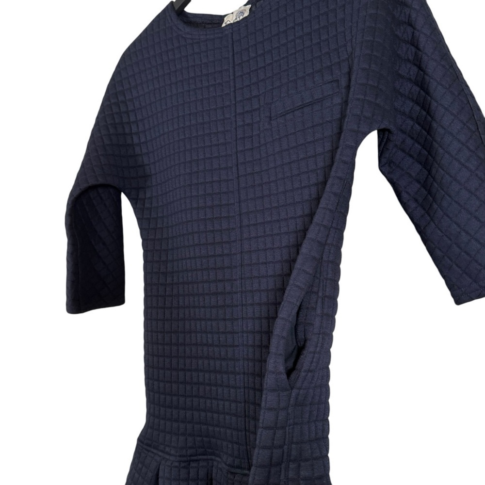 SEA New York Size 4 Navy Blue Quilted Pleated Drop Waist 3/4 Sleeve Mini Dress - Picture 3 of 6